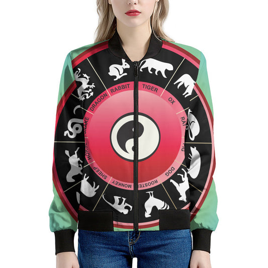 Yin Yang Chinese Zodiac Signs Print Women's Bomber Jacket