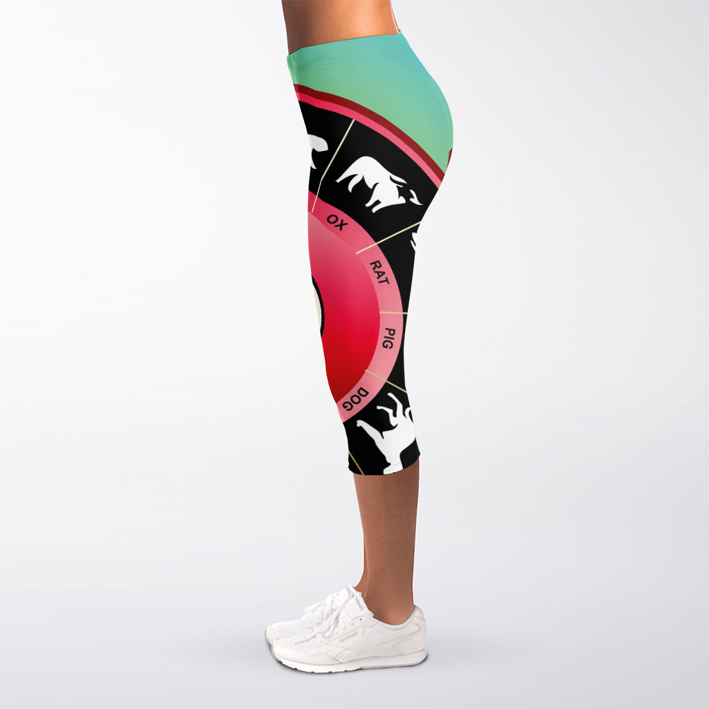 Yin Yang Chinese Zodiac Signs Print Women's Capri Leggings