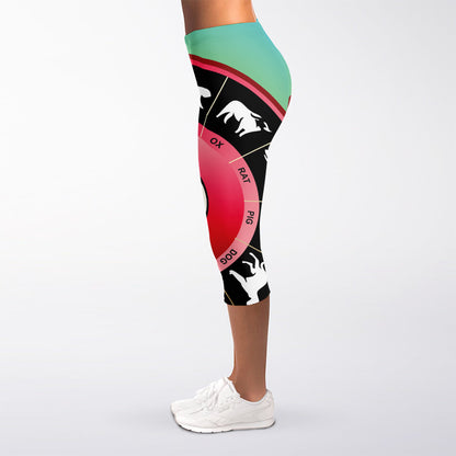 Yin Yang Chinese Zodiac Signs Print Women's Capri Leggings