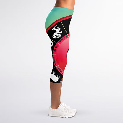 Yin Yang Chinese Zodiac Signs Print Women's Capri Leggings