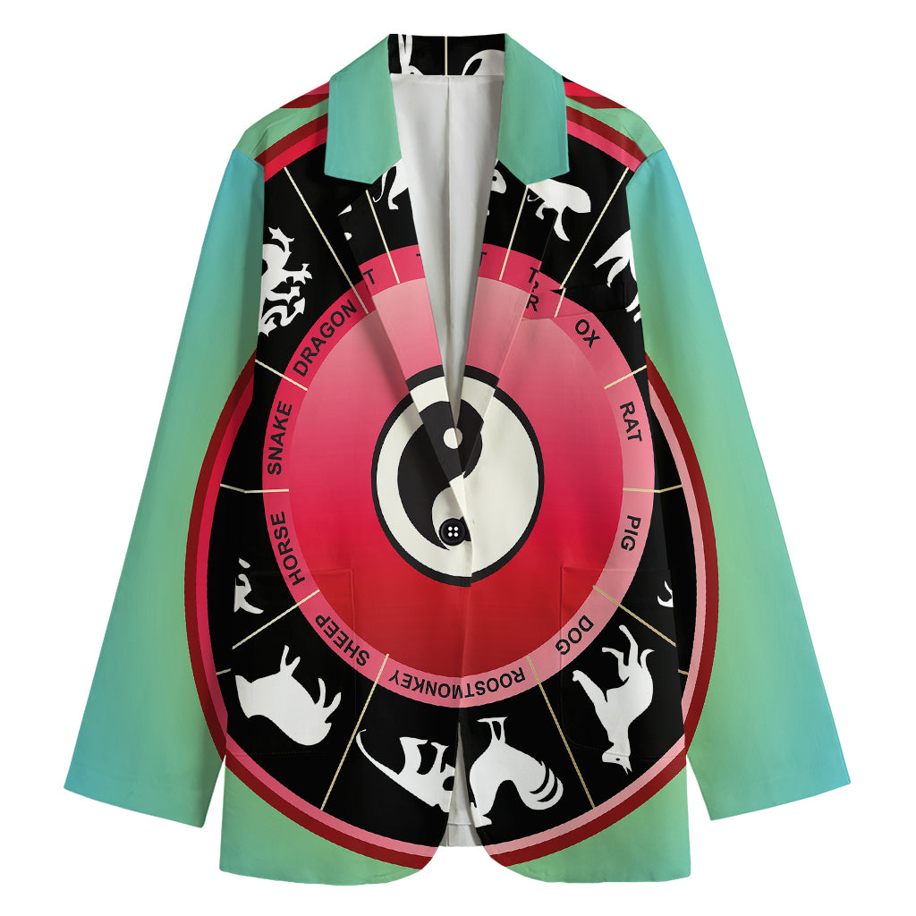 Yin Yang Chinese Zodiac Signs Print Women's Cotton Blazer