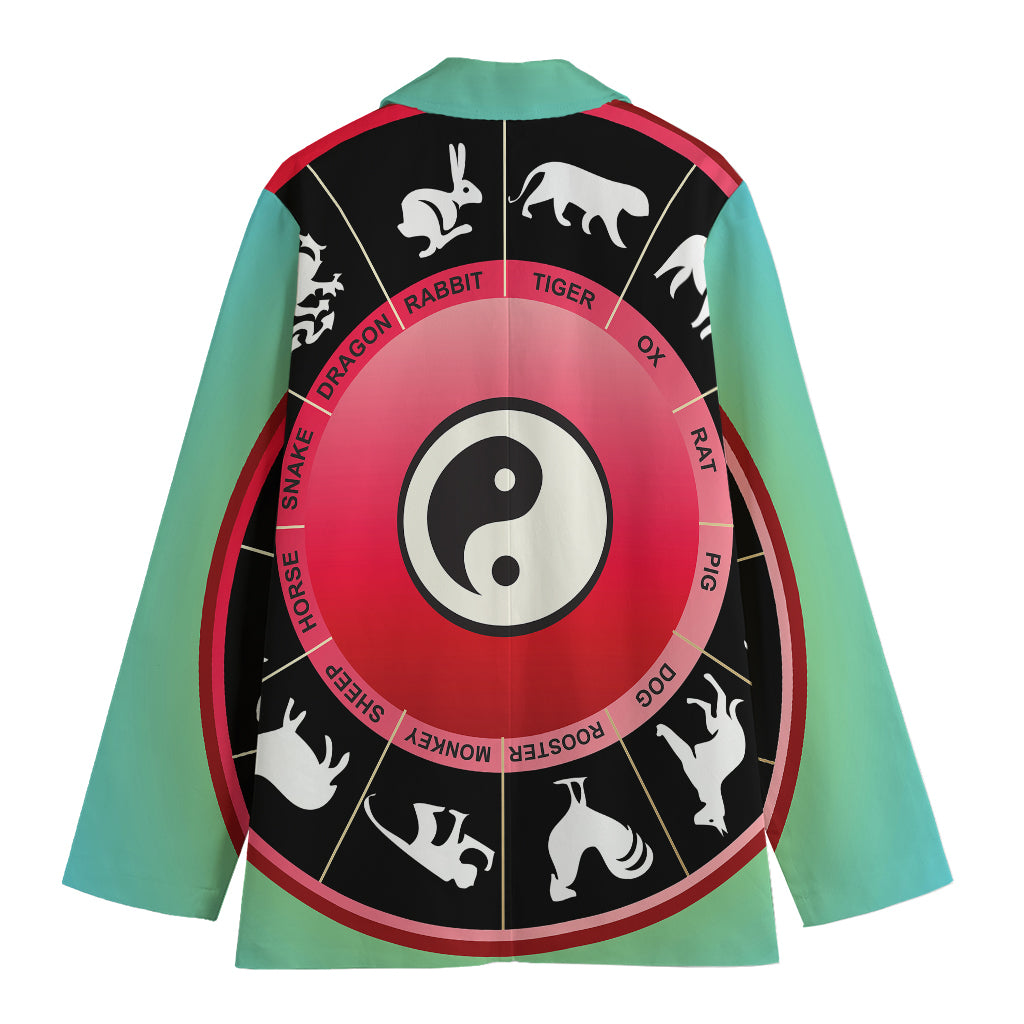 Yin Yang Chinese Zodiac Signs Print Women's Cotton Blazer