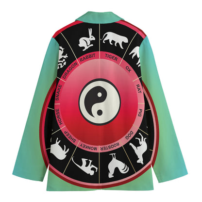 Yin Yang Chinese Zodiac Signs Print Women's Cotton Blazer