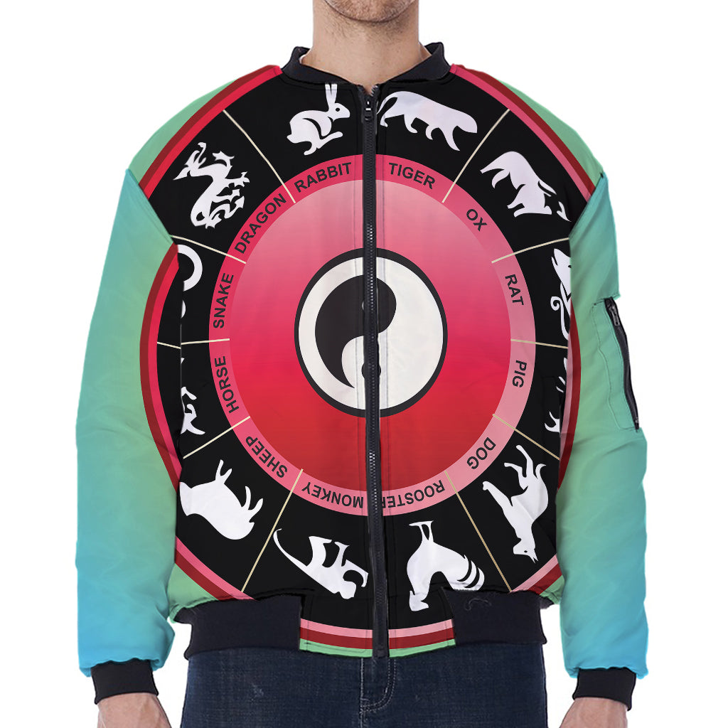 Yin Yang Chinese Zodiac Signs Print Zip Sleeve Bomber Jacket