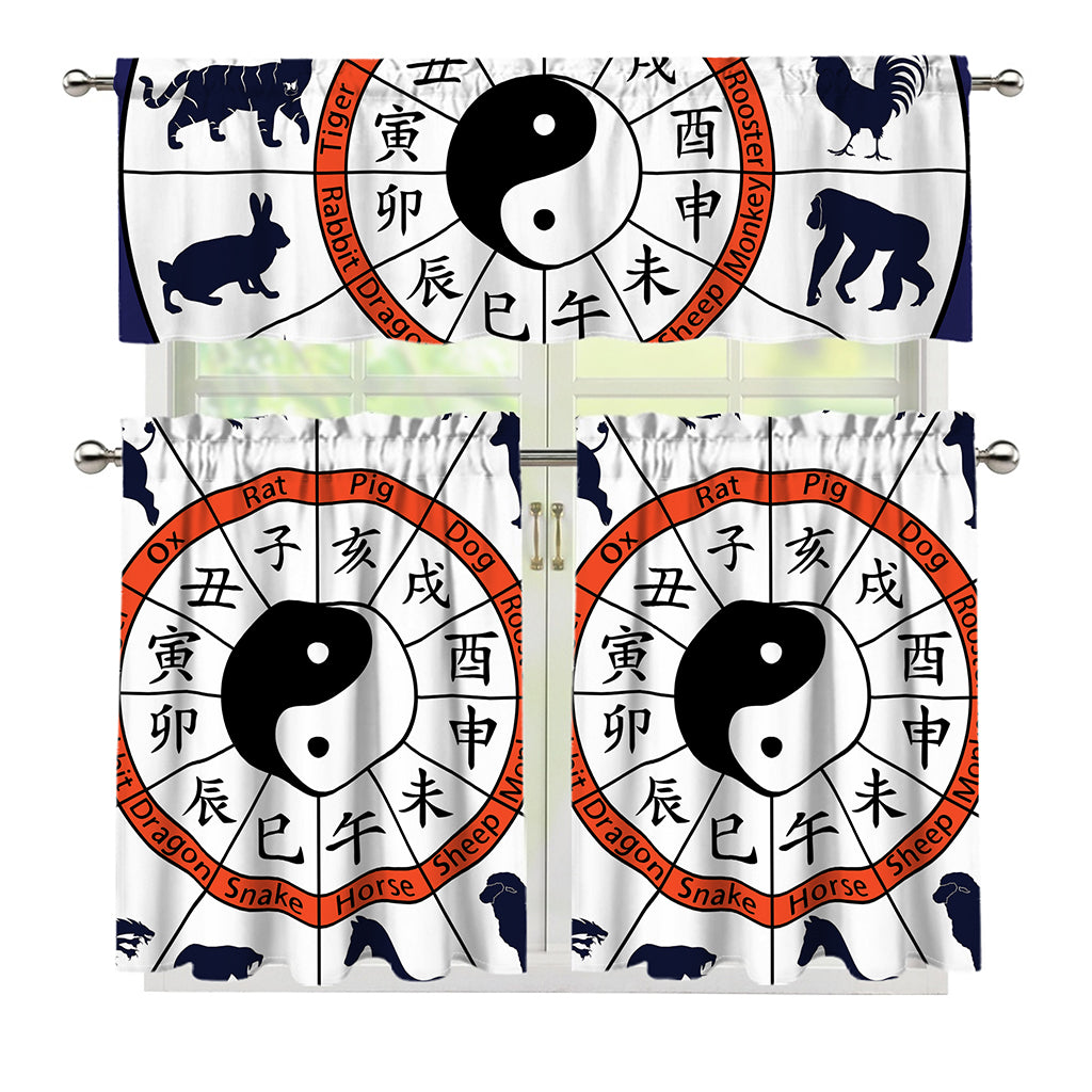 Yin Yang Chinese Zodiac Wheel Print 3 Piece Kitchen Curtains