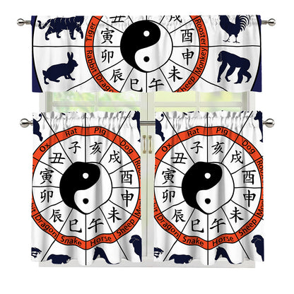 Yin Yang Chinese Zodiac Wheel Print 3 Piece Kitchen Curtains