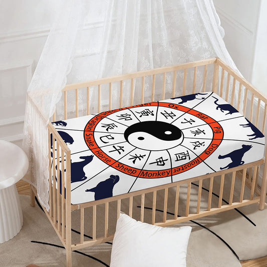 Yin Yang Chinese Zodiac Wheel Print Baby Crib Sheet