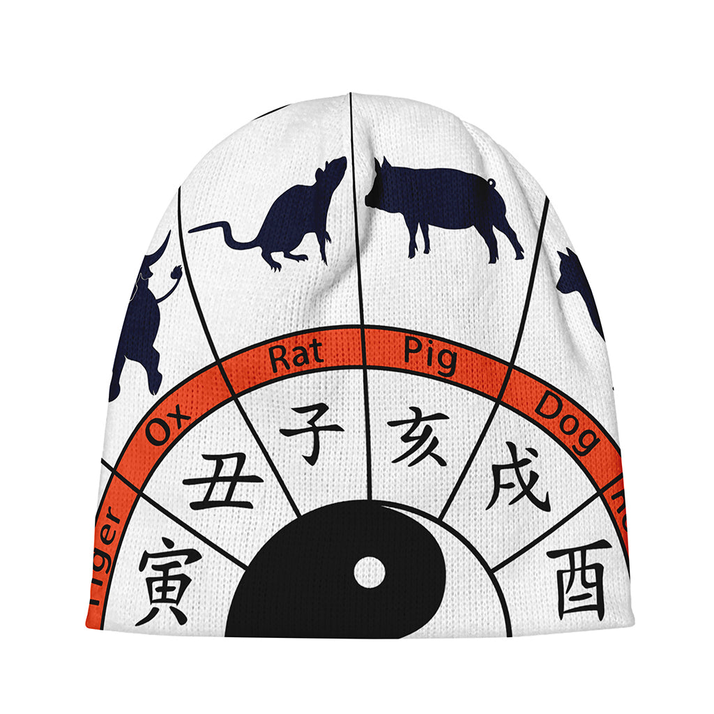 Yin Yang Chinese Zodiac Wheel Print Beanie