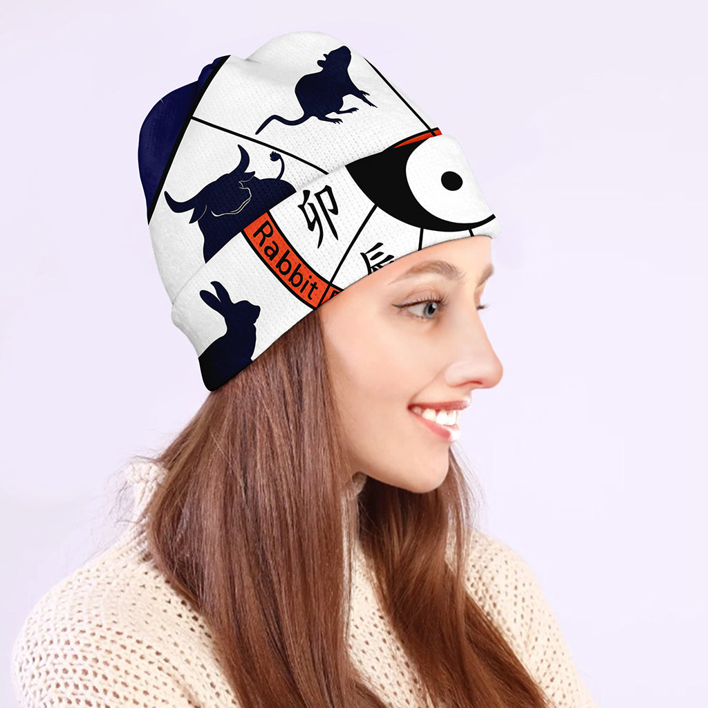 Yin Yang Chinese Zodiac Wheel Print Beanie