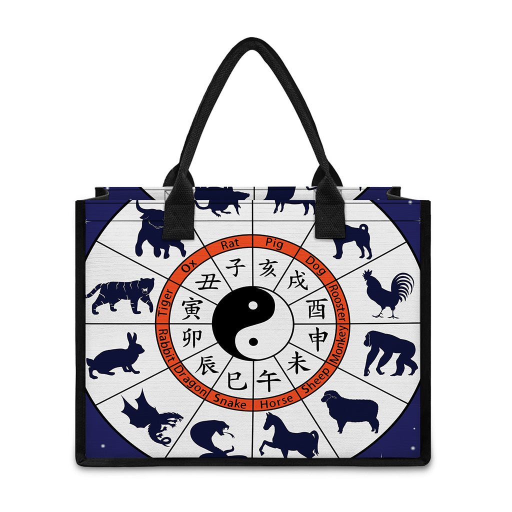 Yin Yang Chinese Zodiac Wheel Print Canvas Tote Bag