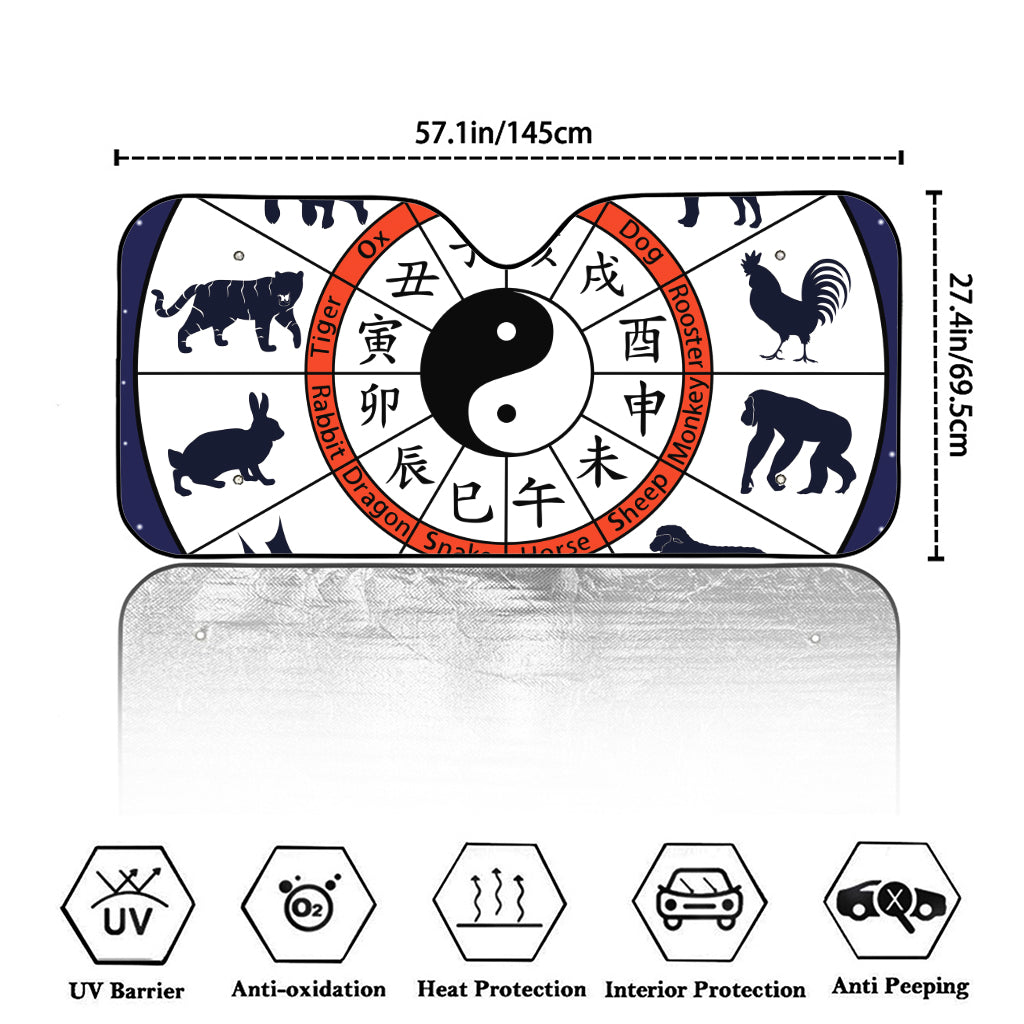 Yin Yang Chinese Zodiac Wheel Print Car Windshield Sun Shade
