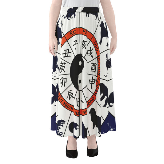 Yin Yang Chinese Zodiac Wheel Print Chiffon Maxi Skirt