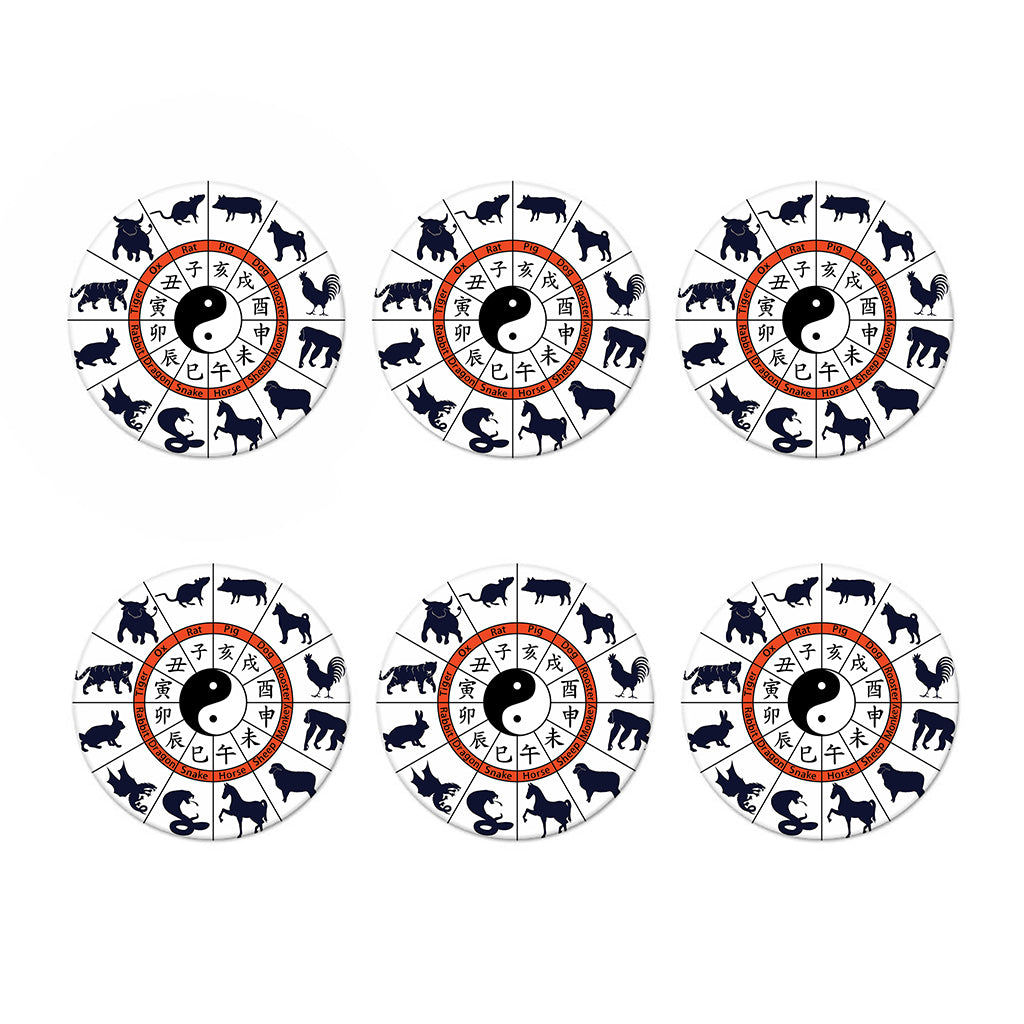 Yin Yang Chinese Zodiac Wheel Print Coaster Set