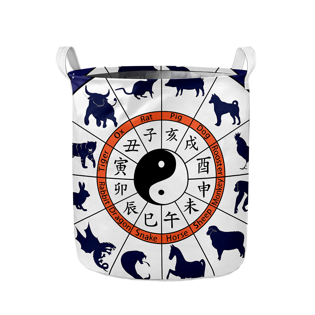 Yin Yang Chinese Zodiac Wheel Print Collapsible Laundry Basket