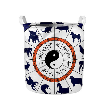 Yin Yang Chinese Zodiac Wheel Print Collapsible Laundry Basket