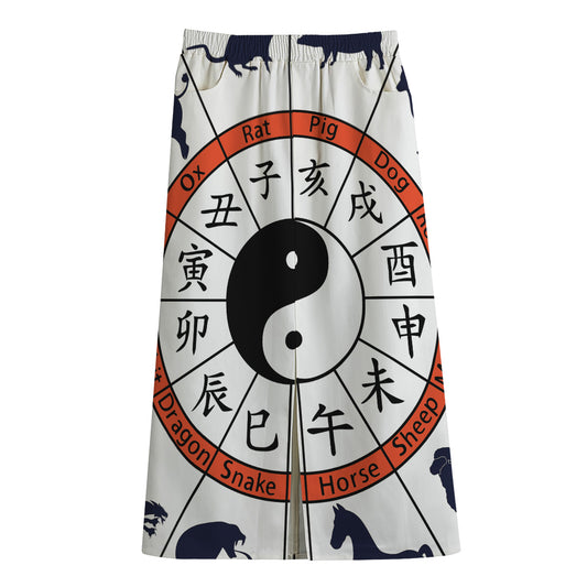 Yin Yang Chinese Zodiac Wheel Print Cotton Front Slit Maxi Skirt