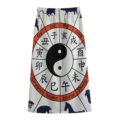 Yin Yang Chinese Zodiac Wheel Print Cotton Front Slit Maxi Skirt