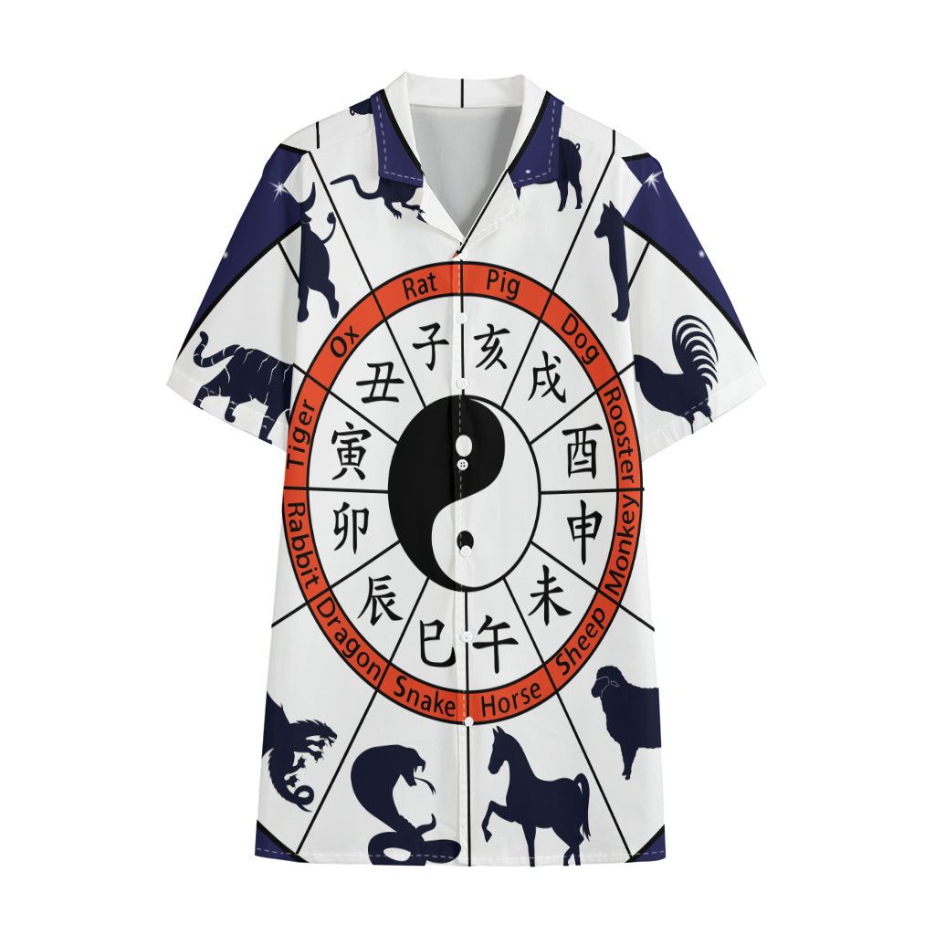Yin Yang Chinese Zodiac Wheel Print Cotton Hawaiian Shirt