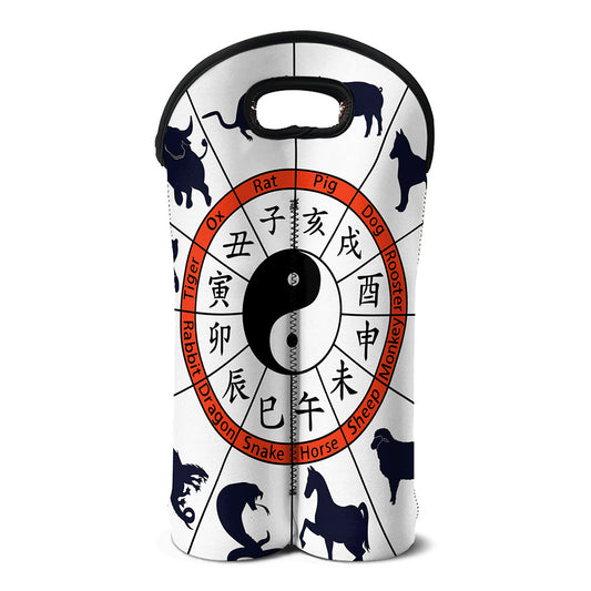 Yin Yang Chinese Zodiac Wheel Print Double Neoprene Wine Tote