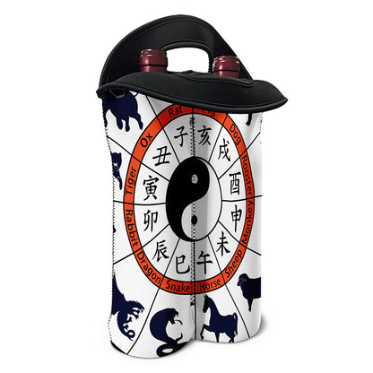 Yin Yang Chinese Zodiac Wheel Print Double Neoprene Wine Tote