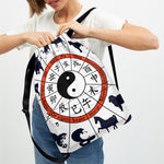 Yin Yang Chinese Zodiac Wheel Print Drawstring Backpack