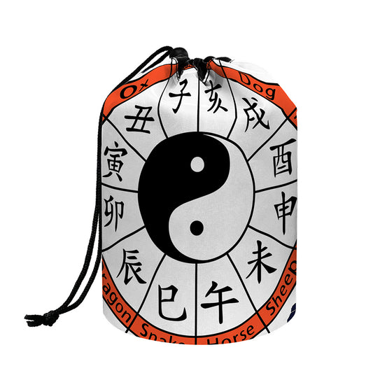 Yin Yang Chinese Zodiac Wheel Print Drawstring Makeup Bag