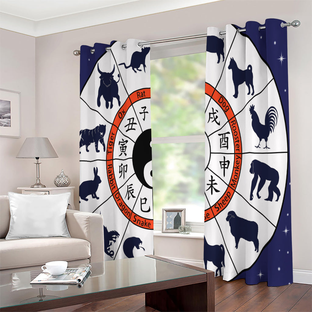 Yin Yang Chinese Zodiac Wheel Print Extra Wide Grommet Curtains