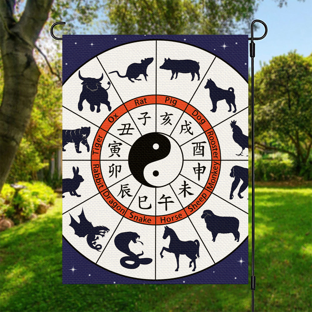 Yin Yang Chinese Zodiac Wheel Print Garden Flag