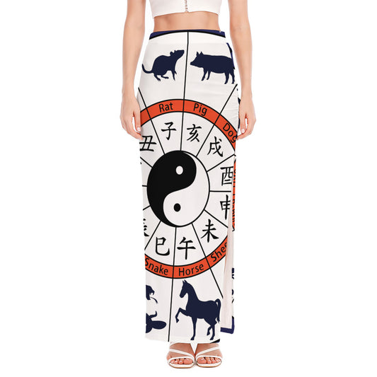 Yin Yang Chinese Zodiac Wheel Print High Slit Maxi Skirt