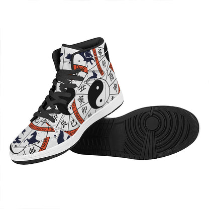 Yin Yang Chinese Zodiac Wheel Print High Top Leather Sneakers