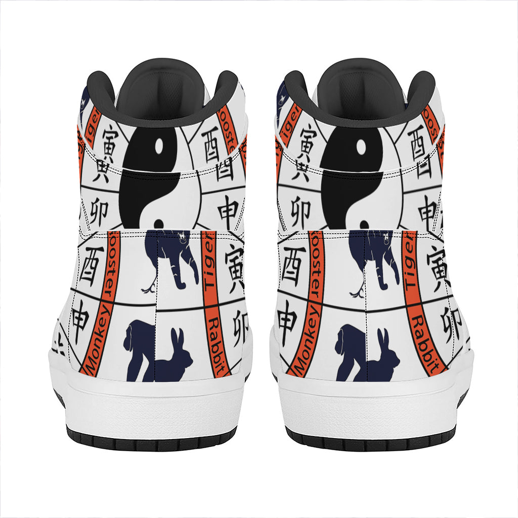 Yin Yang Chinese Zodiac Wheel Print High Top Leather Sneakers