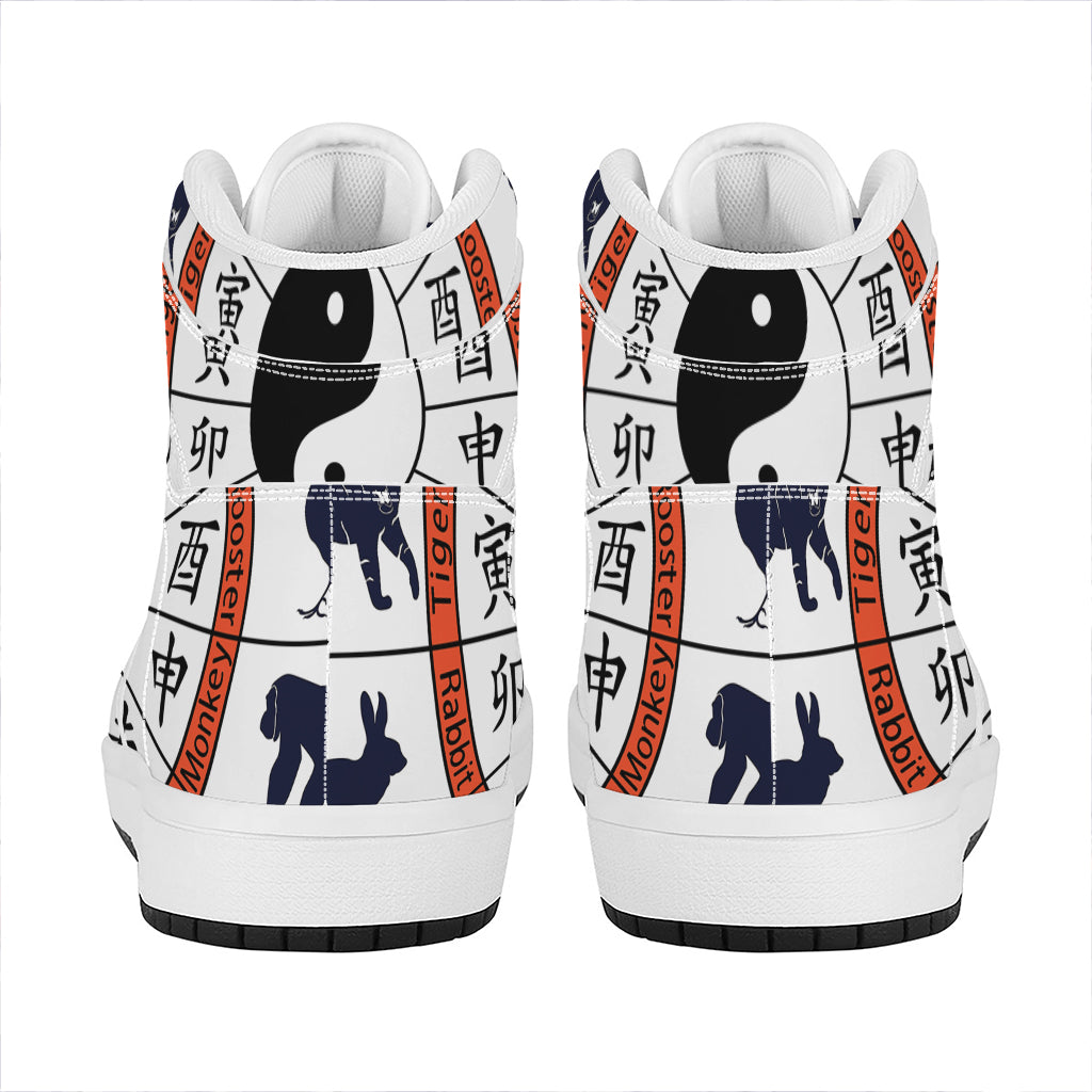 Yin Yang Chinese Zodiac Wheel Print High Top Leather Sneakers