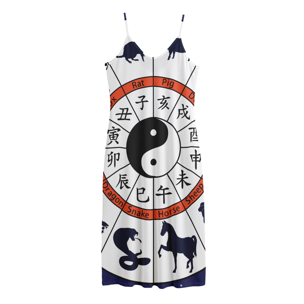 Yin Yang Chinese Zodiac Wheel Print Jersey Midi Cami Dress