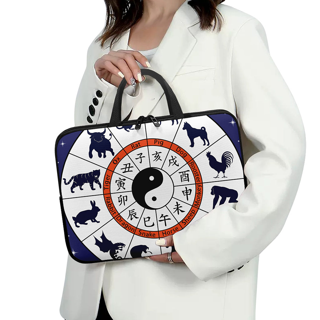 Yin Yang Chinese Zodiac Wheel Print Laptop Sleeve With Handle
