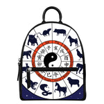 Yin Yang Chinese Zodiac Wheel Print Leather Backpack