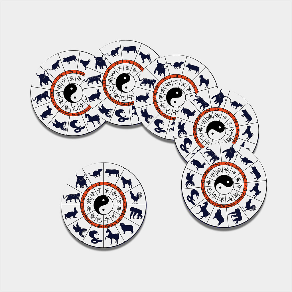 Yin Yang Chinese Zodiac Wheel Print Leather Coaster Set