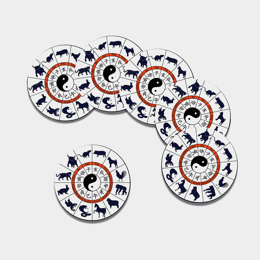 Yin Yang Chinese Zodiac Wheel Print Leather Coaster Set