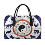 Yin Yang Chinese Zodiac Wheel Print Leather Duffle Bag