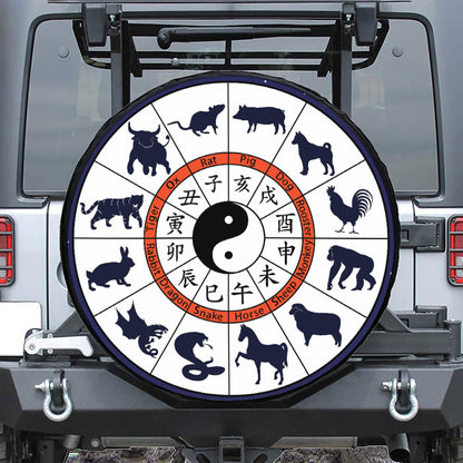 Yin Yang Chinese Zodiac Wheel Print Leather Spare Tire Cover