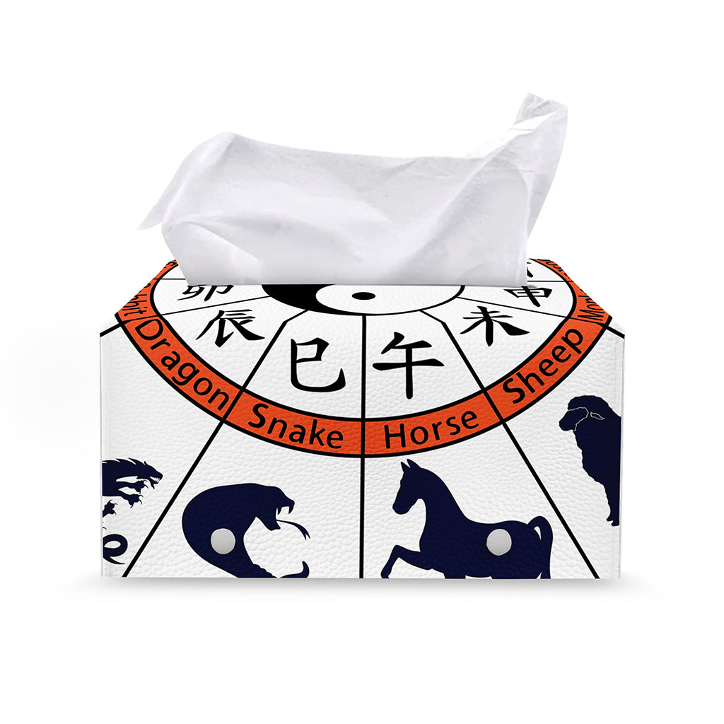Yin Yang Chinese Zodiac Wheel Print Leather Tissue Box Cover