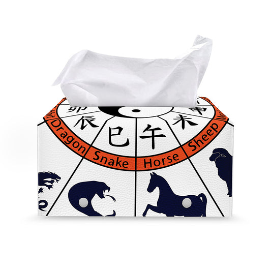 Yin Yang Chinese Zodiac Wheel Print Leather Tissue Box Cover