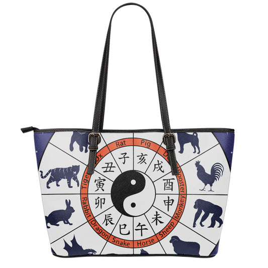 Yin Yang Chinese Zodiac Wheel Print Leather Tote Bag