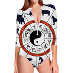 Yin Yang Chinese Zodiac Wheel Print Long Sleeve Swimsuit