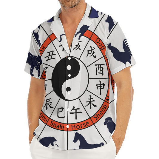 Yin Yang Chinese Zodiac Wheel Print Men's Deep V-Neck Shirt