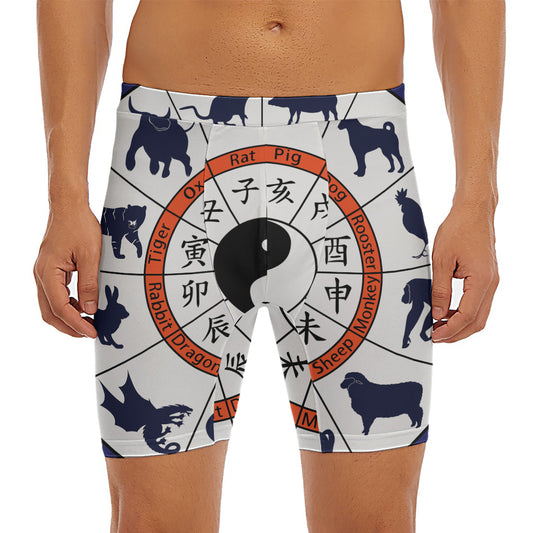 Yin Yang Chinese Zodiac Wheel Print Men's Long Boxer Briefs