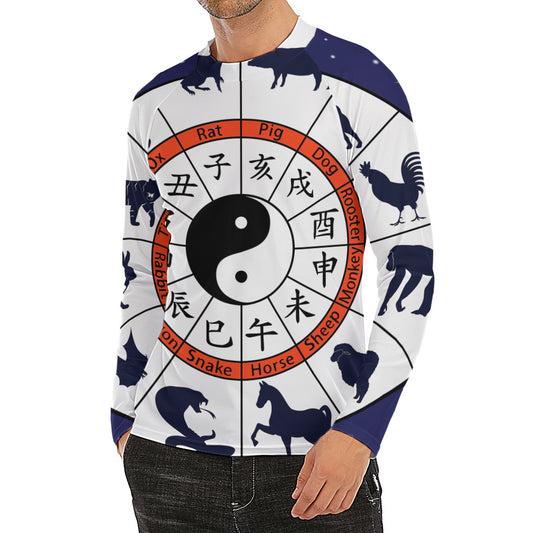 Yin Yang Chinese Zodiac Wheel Print Men's Long Sleeve Rash Guard