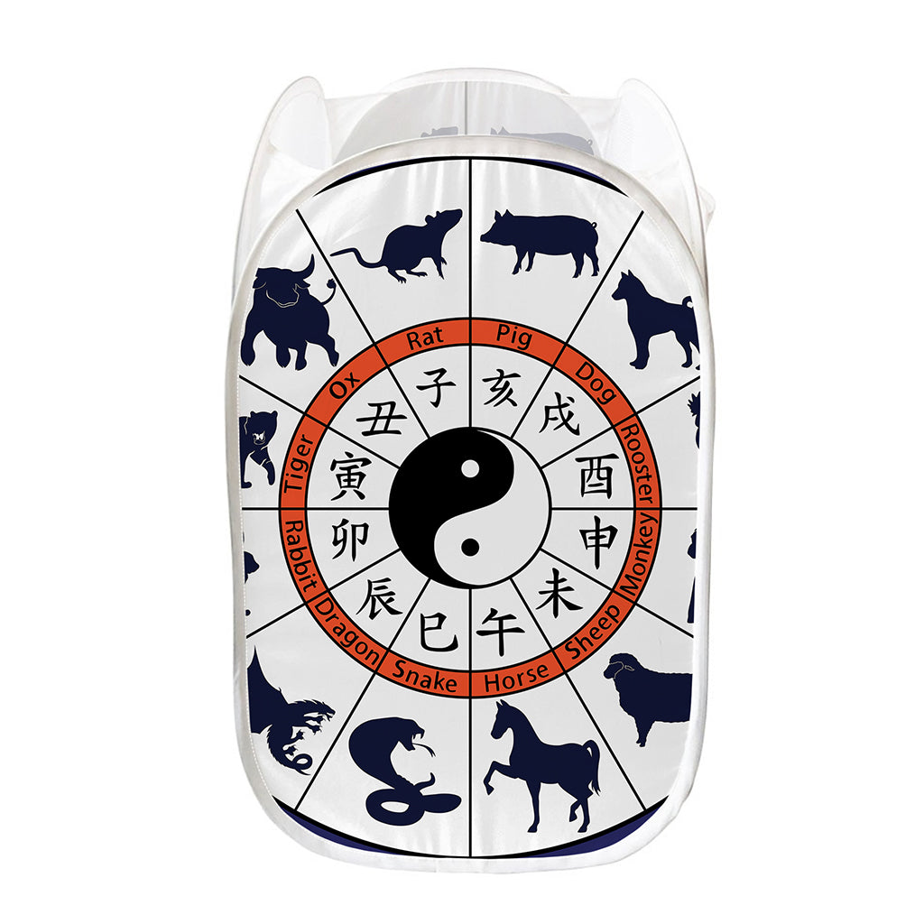 Yin Yang Chinese Zodiac Wheel Print Mesh Laundry Hamper