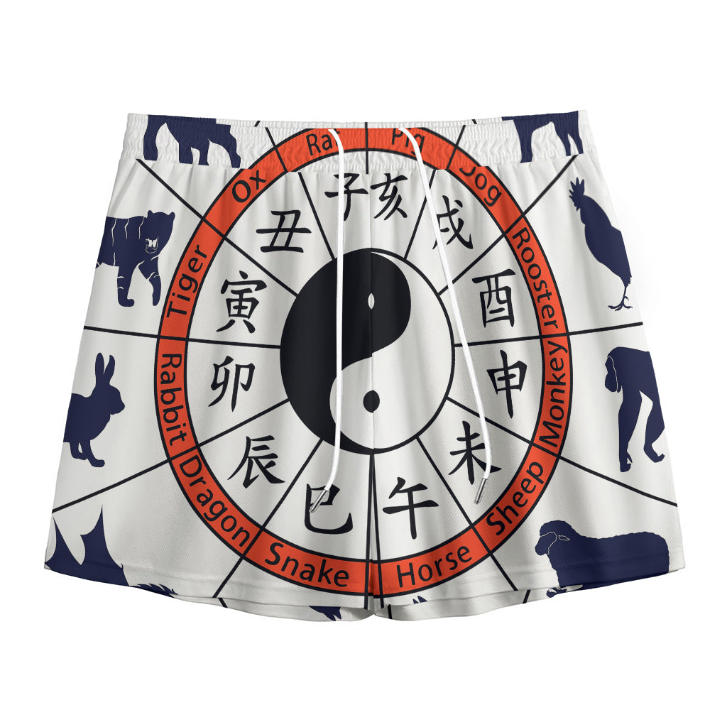 Yin Yang Chinese Zodiac Wheel Print Mesh Shorts