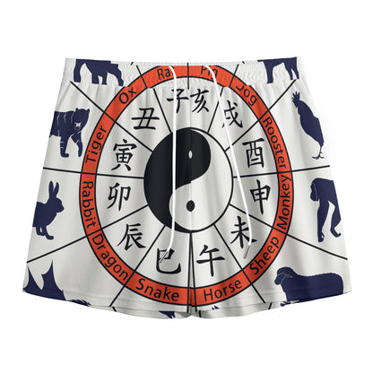 Yin Yang Chinese Zodiac Wheel Print Mesh Shorts