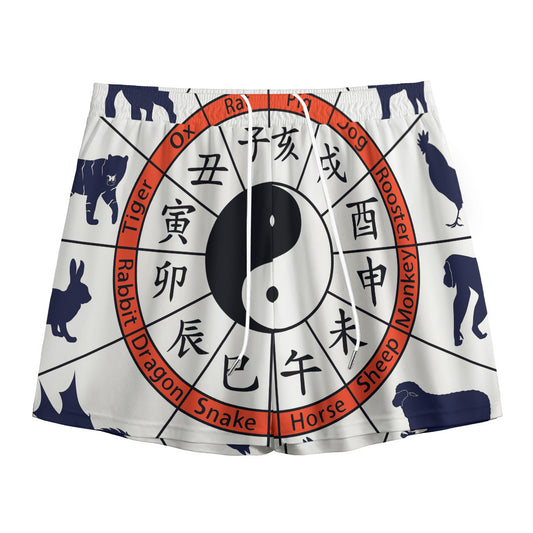Yin Yang Chinese Zodiac Wheel Print Mesh Shorts